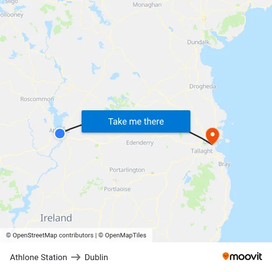 Athlone Station to Dublin map