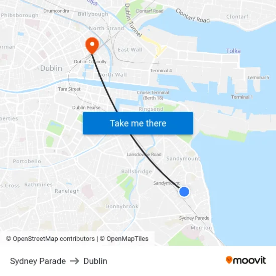 Sydney Parade to Dublin map