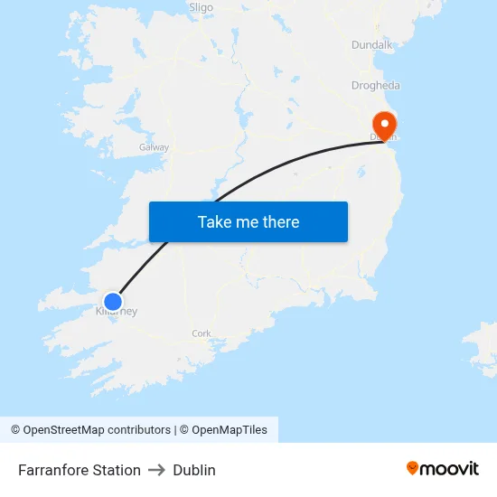 Farranfore Station to Dublin map