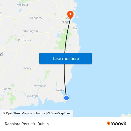 Rosslare Port to Dublin map