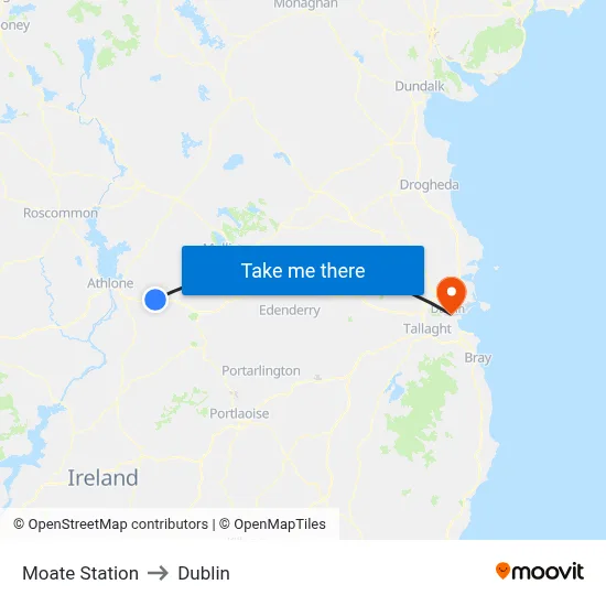 Moate Station to Dublin map