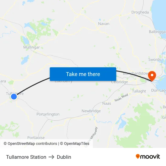 Tullamore Station to Dublin map