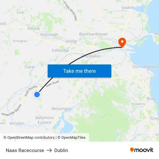 Naas Racecourse to Dublin map