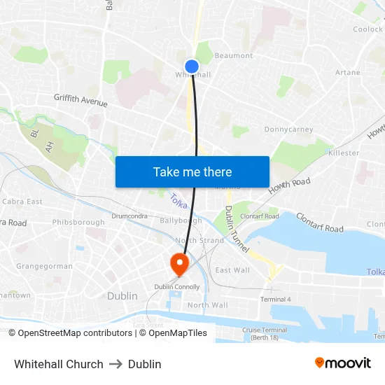 Whitehall Church to Dublin map