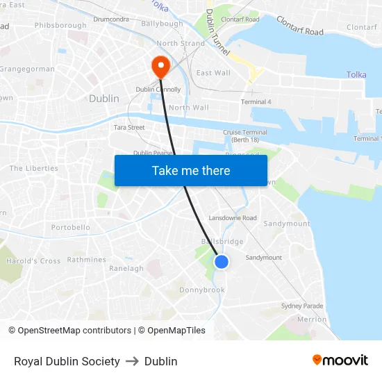 Royal Dublin Society to Dublin map