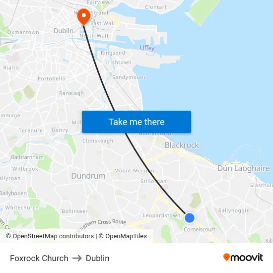 Foxrock Church to Dublin map
