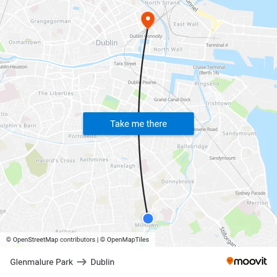 Glenmalure Park to Dublin map
