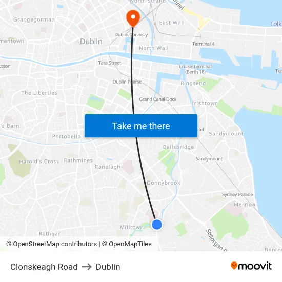 Clonskeagh Road to Dublin map
