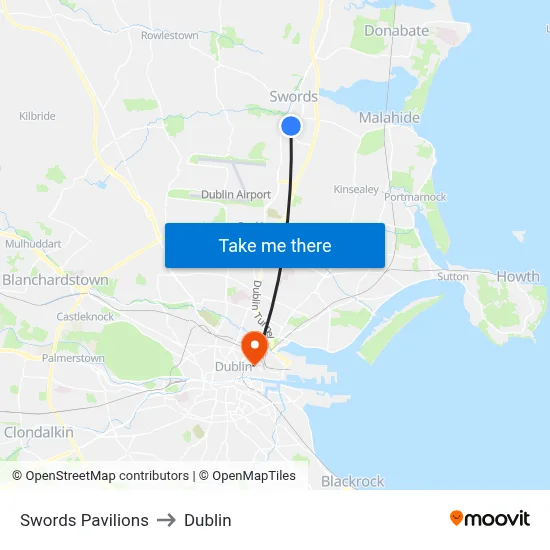 Swords Pavilions to Dublin map