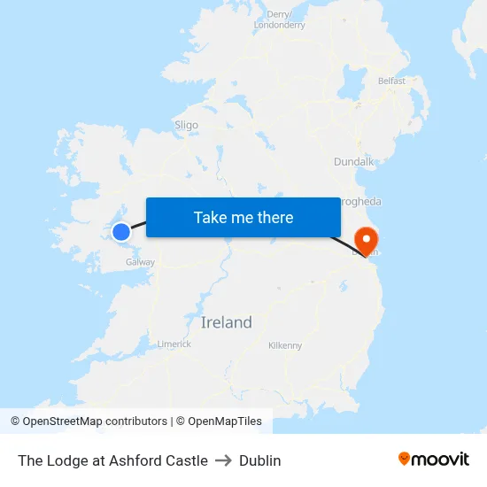The Lodge at Ashford Castle to Dublin map