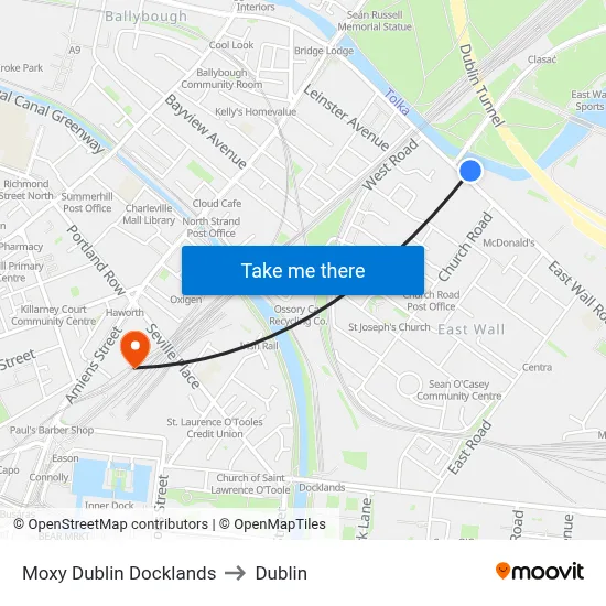 Moxy Dublin Docklands to Dublin map