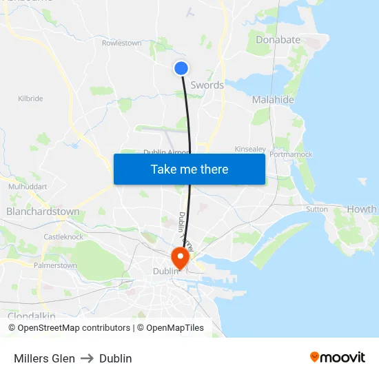 Millers Glen to Dublin map