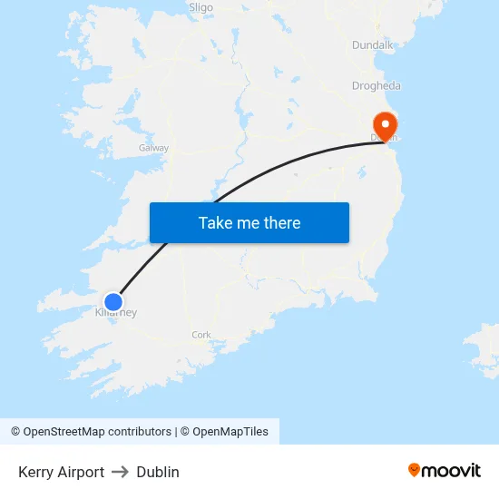 Kerry Airport to Dublin map