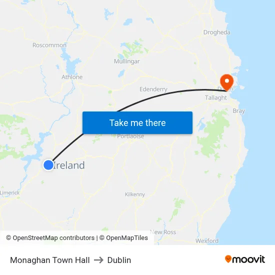 Monaghan Town Hall to Dublin map