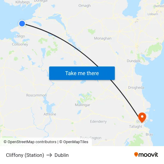 Cliffony (Station) to Dublin map