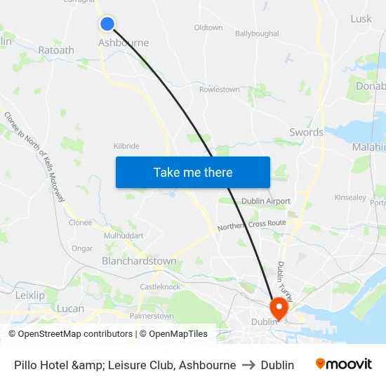Pillo Hotel &amp; Leisure Club, Ashbourne to Dublin map