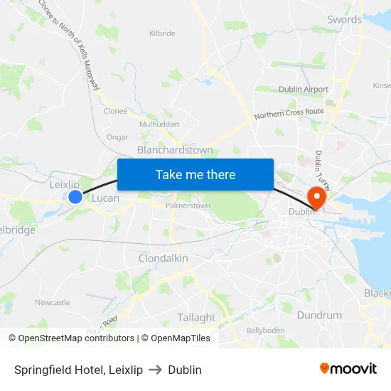 Springfield Hotel, Leixlip to Dublin map