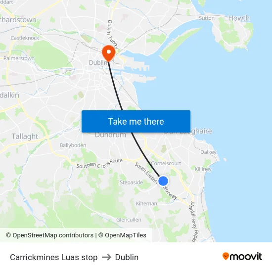 Carrickmines Luas stop to Dublin map