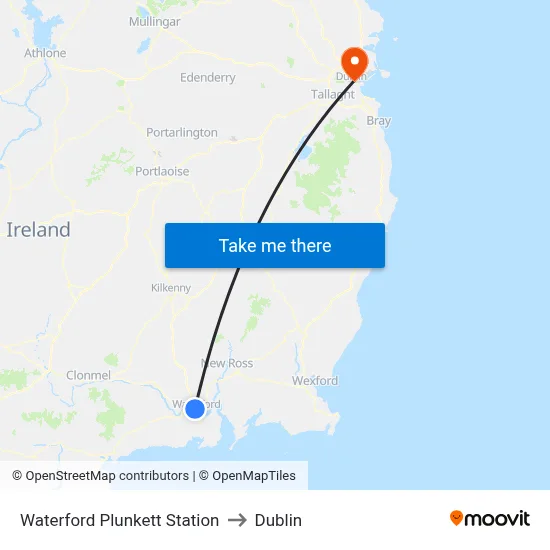 Waterford Plunkett Station to Dublin map