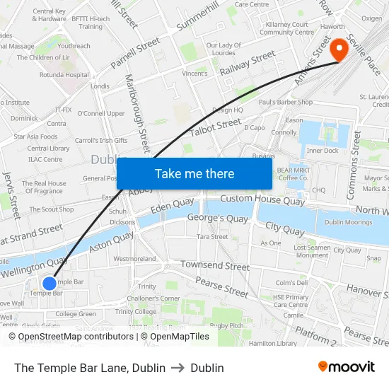 The Temple Bar Lane, Dublin to Dublin map