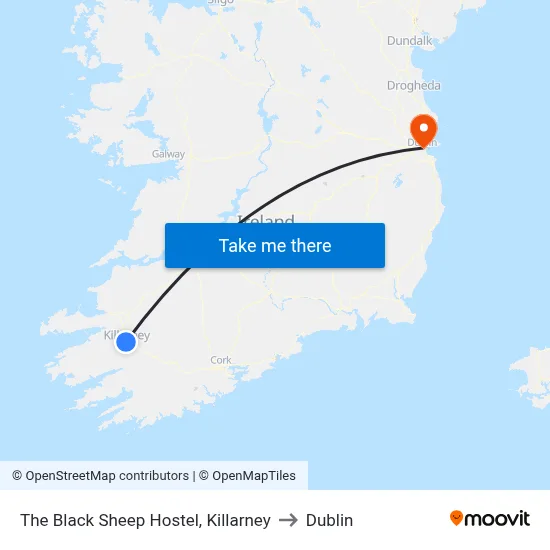 The Black Sheep Hostel, Killarney to Dublin map