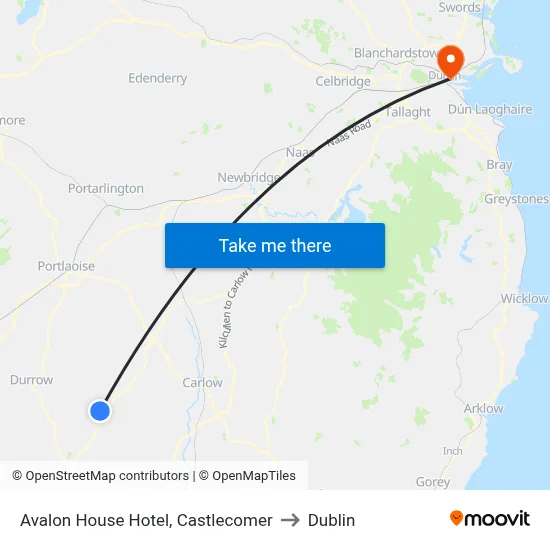 Avalon House Hotel, Castlecomer to Dublin map