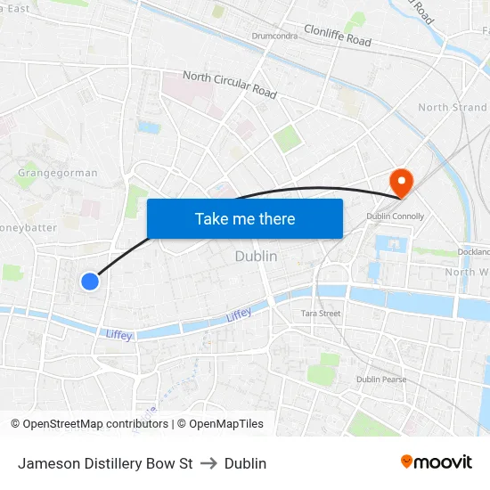 Jameson Distillery Bow St to Dublin map