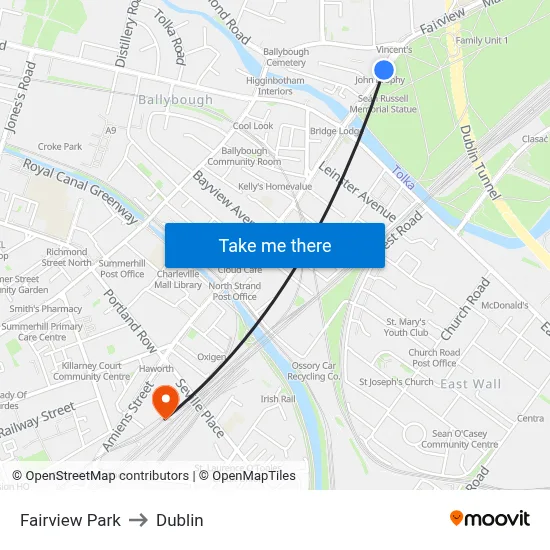 Fairview Park to Dublin map