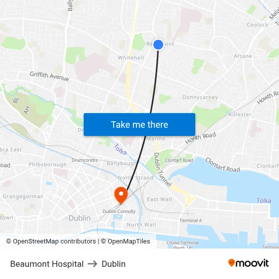 Beaumont Hospital to Dublin map