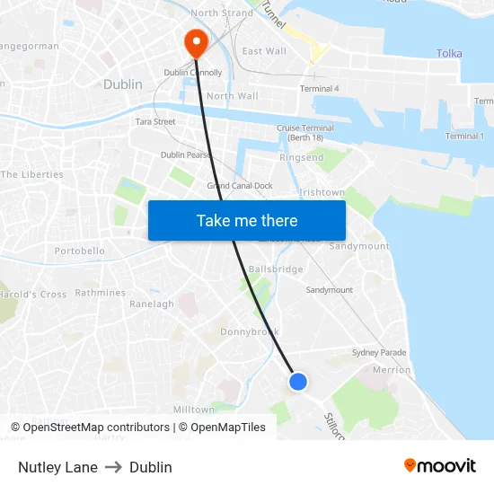 Nutley Lane to Dublin map