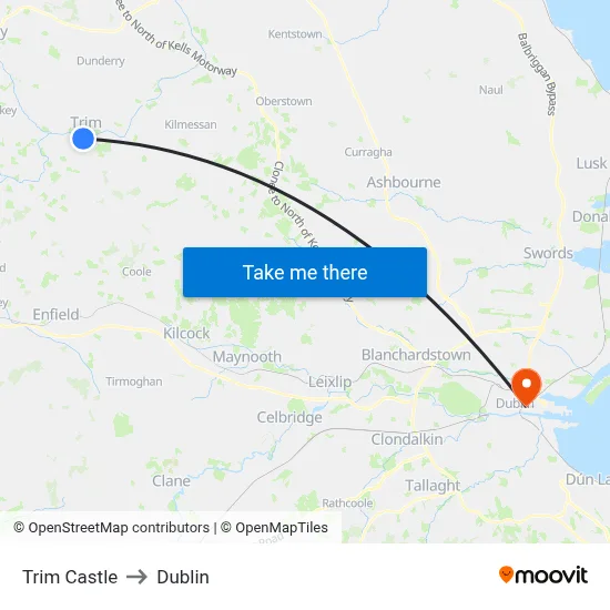 Trim Castle to Dublin map