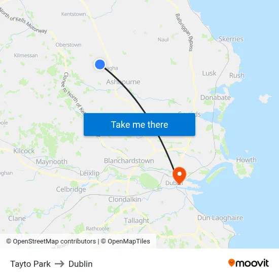 Tayto Park to Dublin map