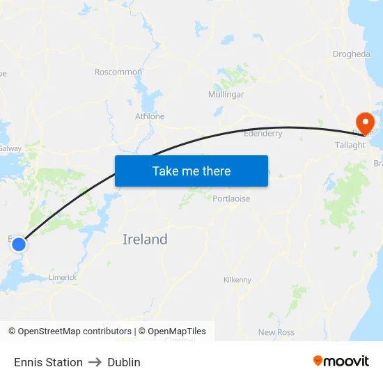 Ennis Station to Dublin map