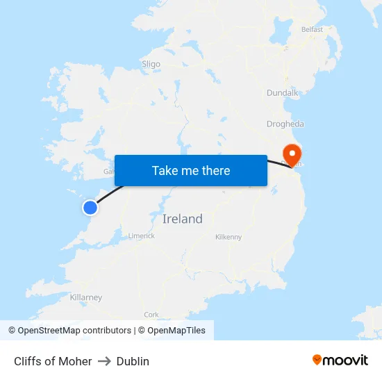 Cliffs of Moher to Dublin map