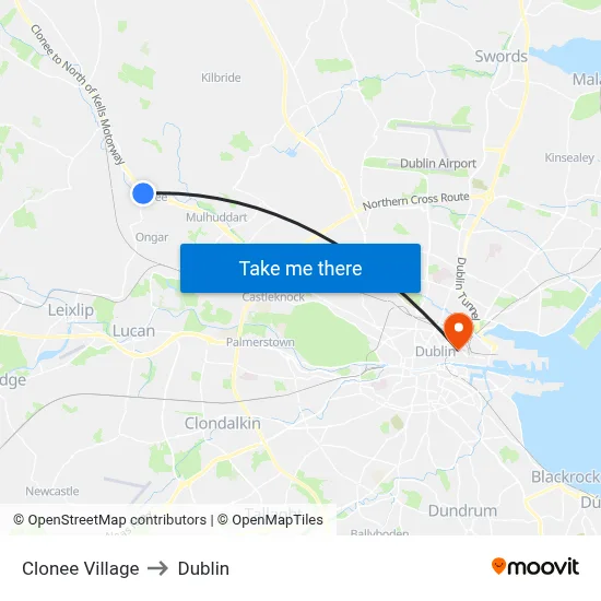 Clonee Village to Dublin map