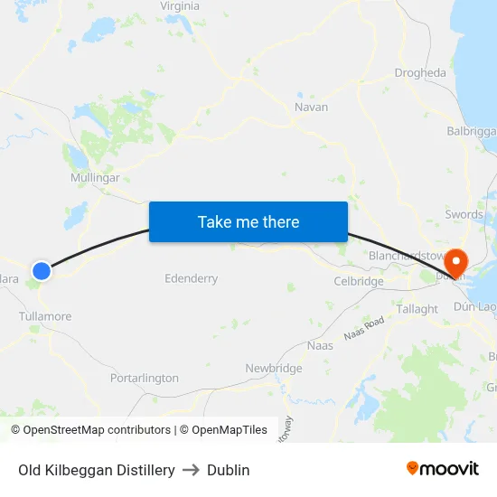 Old Kilbeggan Distillery to Dublin map
