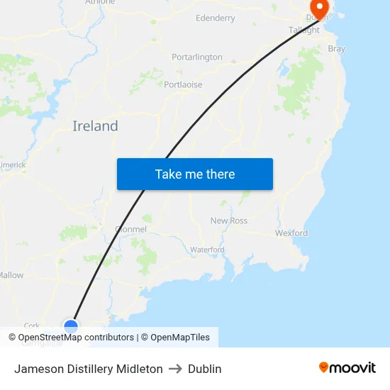 Jameson Distillery Midleton to Dublin map
