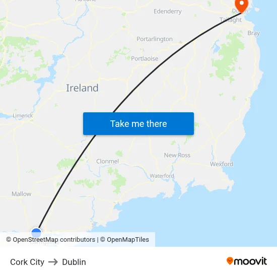 Cork City to Dublin map