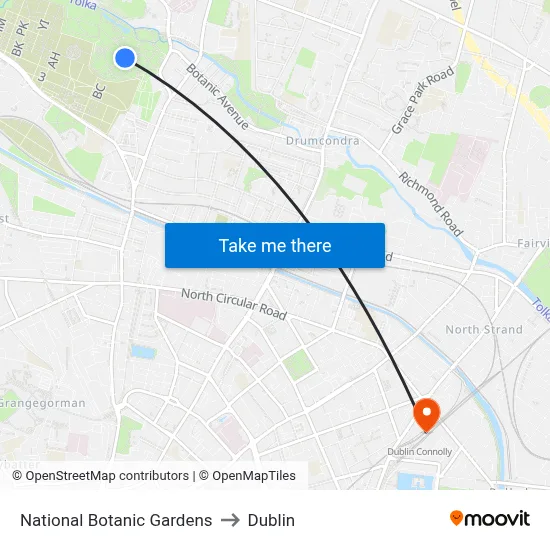 National Botanic Gardens to Dublin map