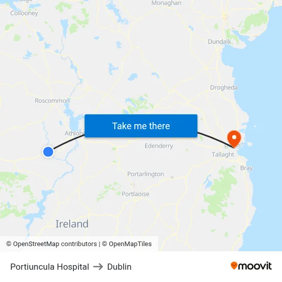Portiuncula Hospital to Dublin map
