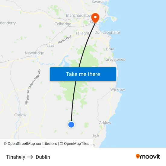Tinahely to Dublin map