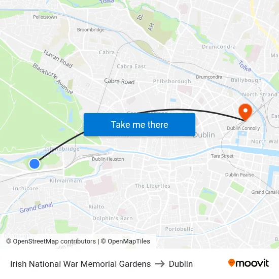 Irish National War Memorial Gardens to Dublin map