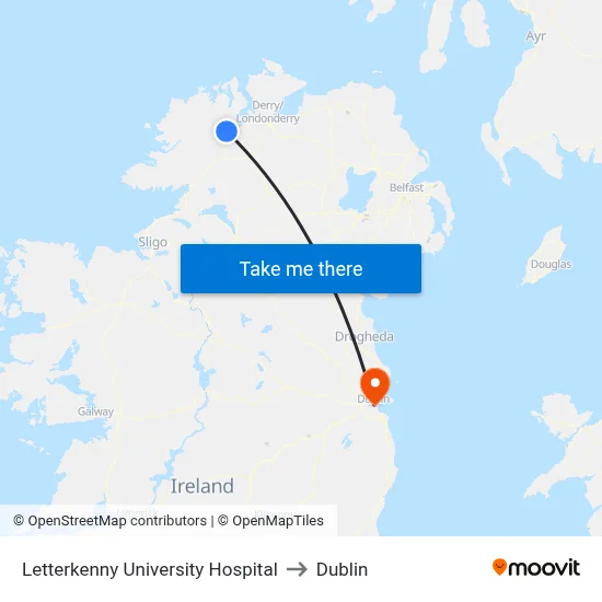 Letterkenny University Hospital to Dublin map