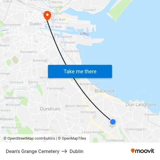Dean's Grange Cemetery to Dublin map