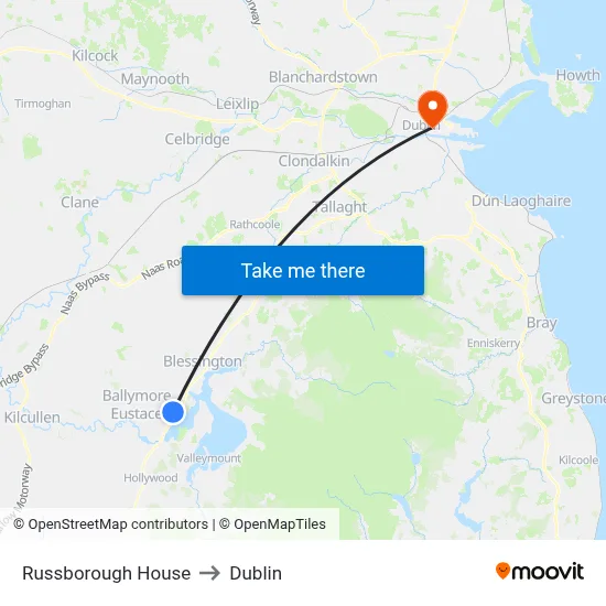 Russborough House to Dublin map