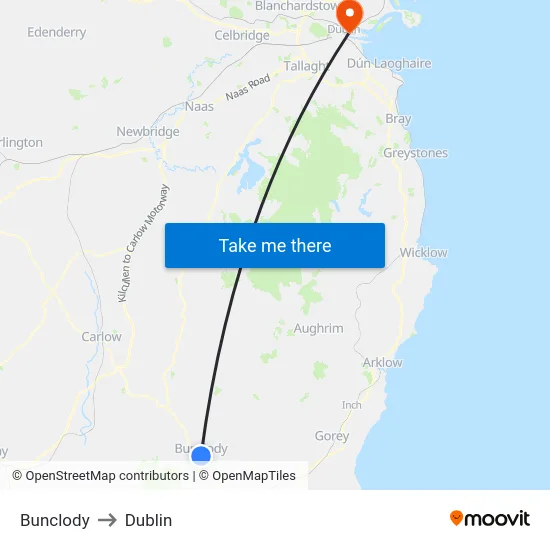 Bunclody to Dublin map