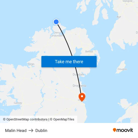 Malin Head to Dublin map