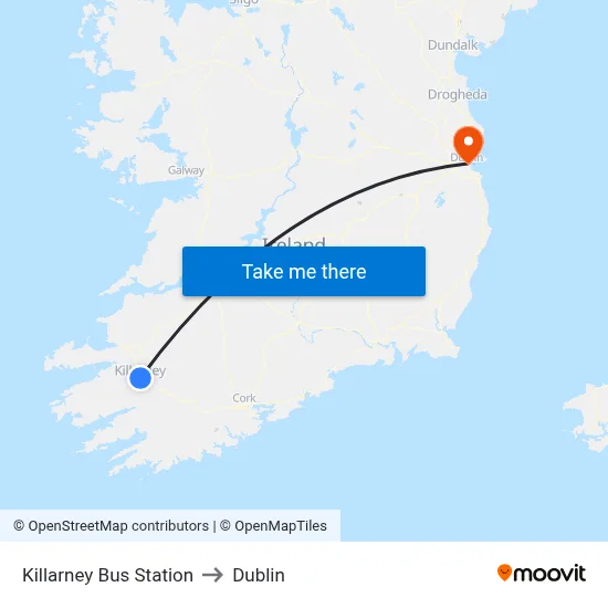 Killarney Bus Station to Dublin map
