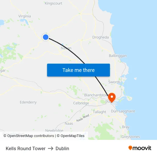 Kells Round Tower to Dublin map