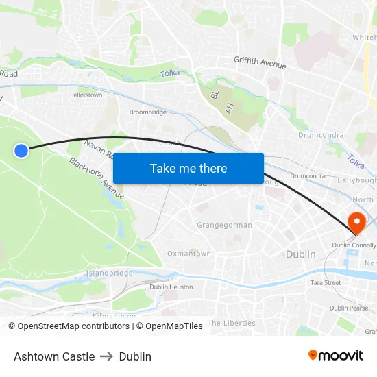 Ashtown Castle to Dublin map